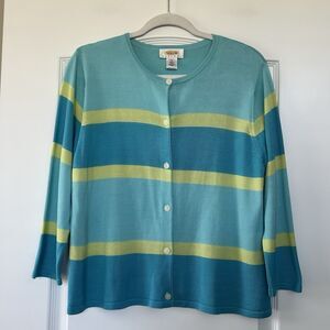 Vtg Talbots Silk Cardigan Button Up Sweater Sz 14 Petite Blue Stripe 3/4 Sleeve